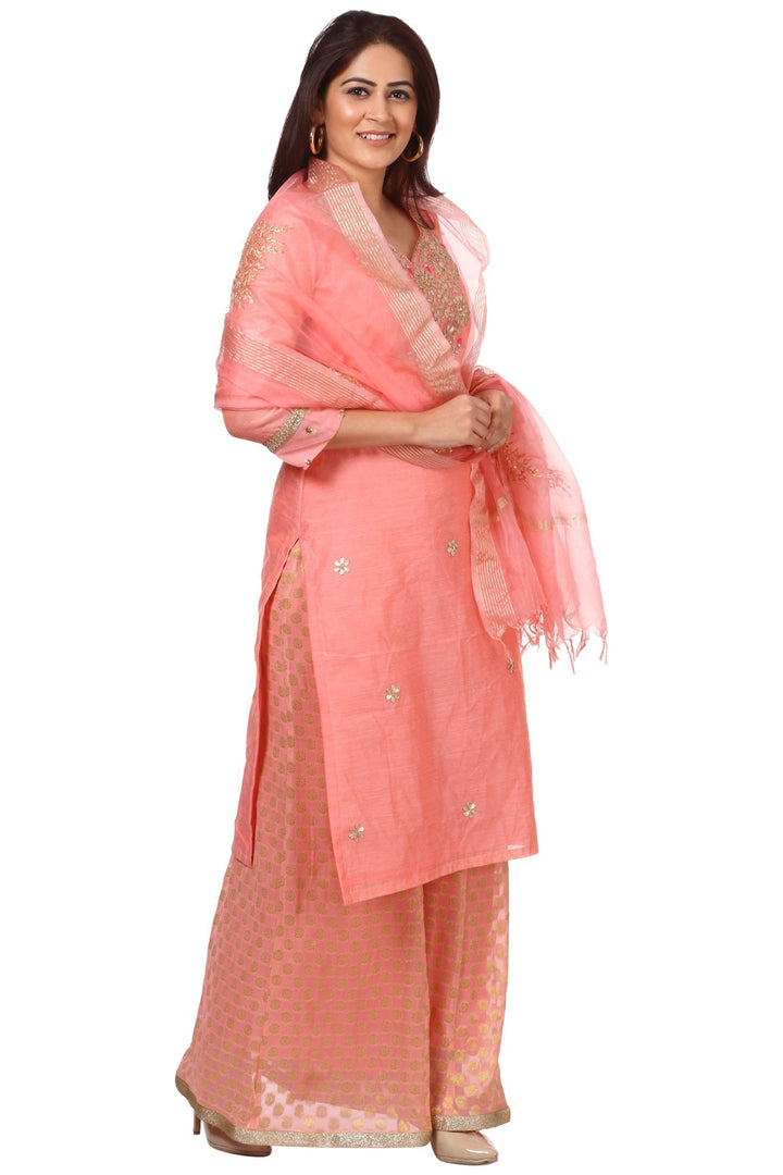 anokherang Combos Peach Gotta Kurti with Banarsi Kalidar Palazzo and Peach Festive Dupatta