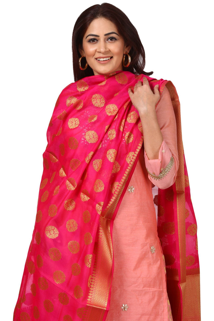 anokherang Combos Peach Gotta Kurti with Banarsi Kalidar Palazzo and Pink Banarsi Dupatta