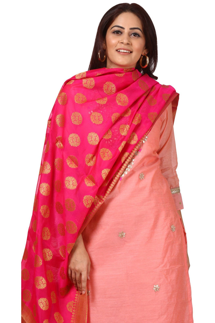 anokherang Combos Peach Gotta Kurti with Banarsi Kalidar Palazzo and Pink Banarsi Dupatta