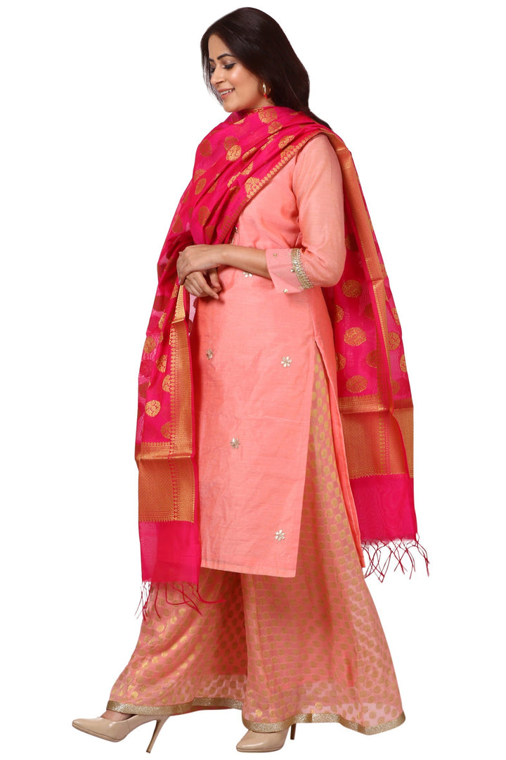 anokherang Combos Peach Gotta Kurti with Banarsi Kalidar Palazzo and Pink Banarsi Dupatta
