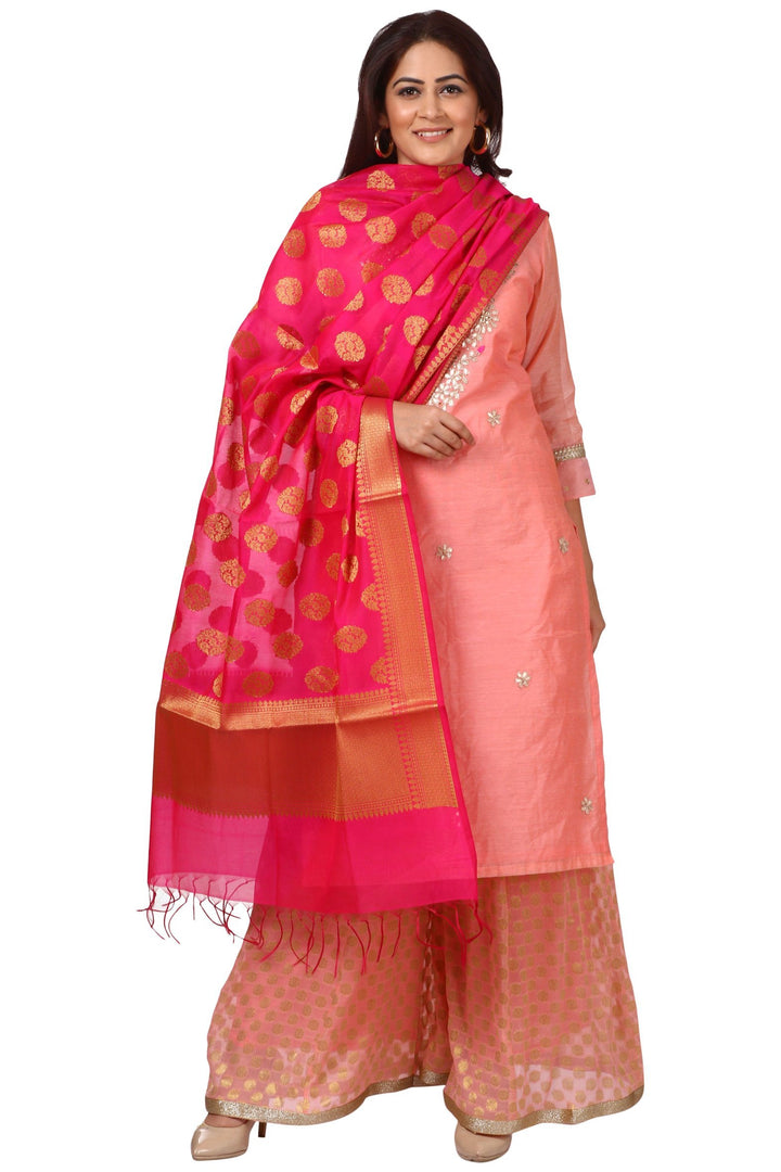 anokherang Combos Peach Gotta Kurti with Banarsi Kalidar Palazzo and Pink Banarsi Dupatta