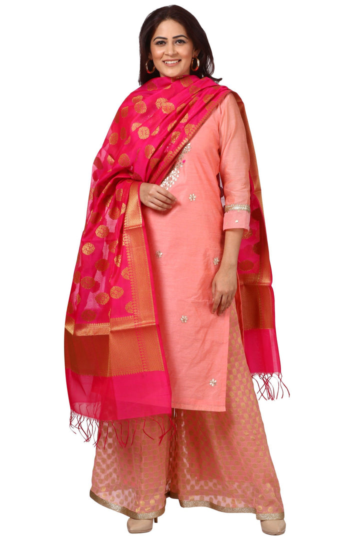 anokherang Combos Peach Gotta Kurti with Banarsi Kalidar Palazzo and Pink Banarsi Dupatta