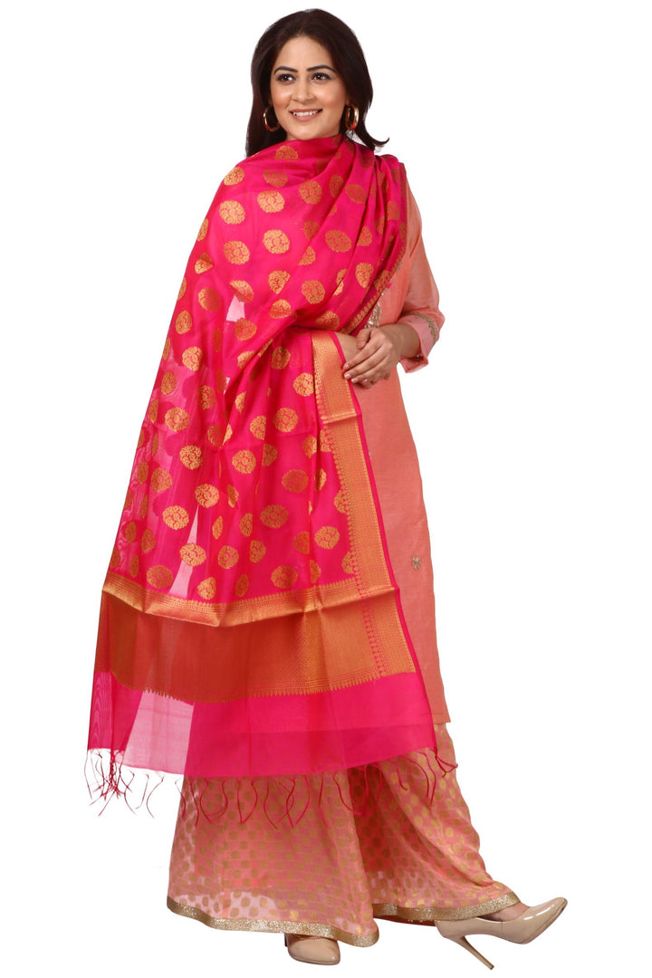 anokherang Combos Peach Gotta Kurti with Banarsi Kalidar Palazzo and Pink Banarsi Dupatta
