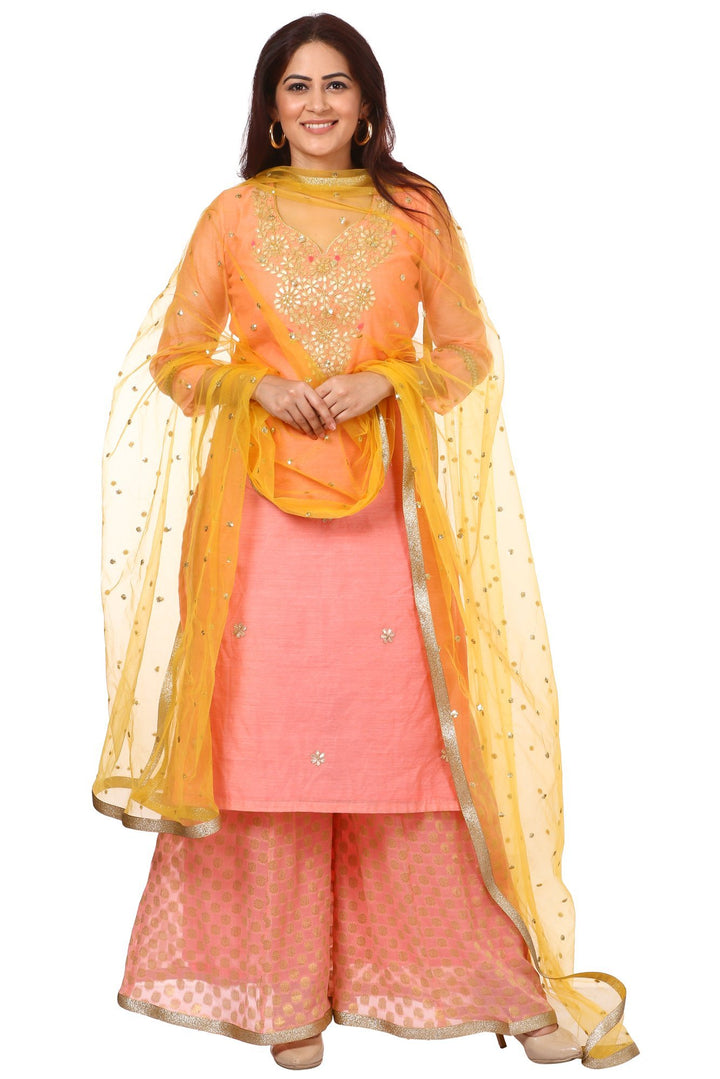 anokherang Combos Peach Gotta Kurti with Banarsi Kalidar Palazzo and Yellow Sequenced Dupatta