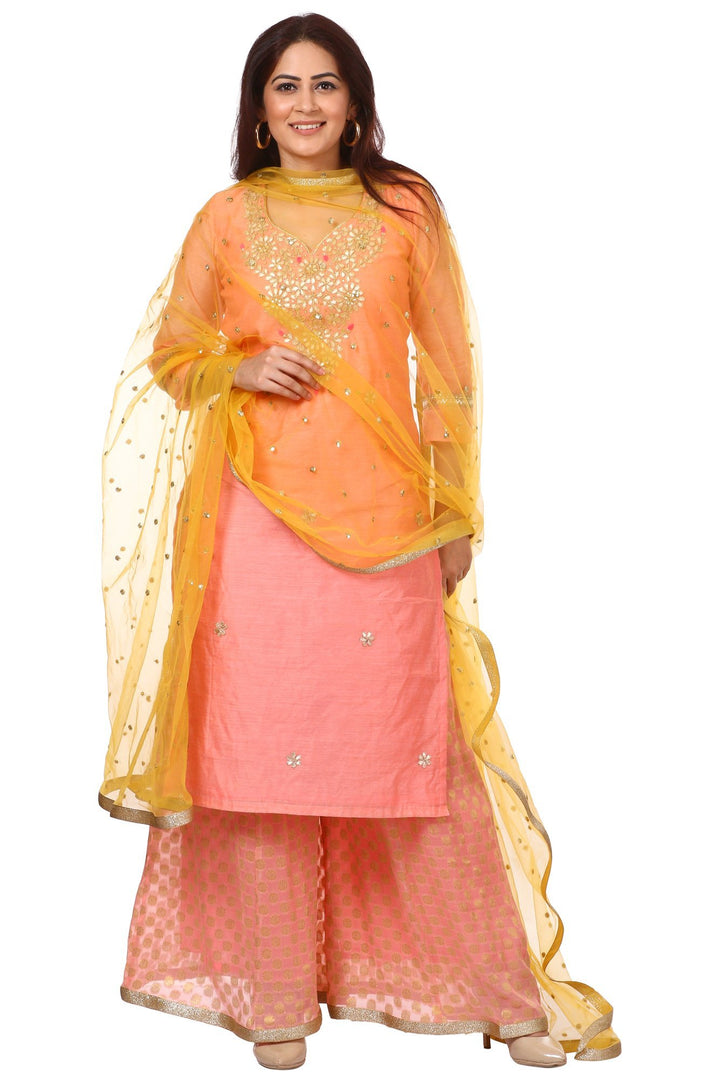 anokherang Combos Peach Gotta Kurti with Banarsi Kalidar Palazzo and Yellow Sequenced Dupatta