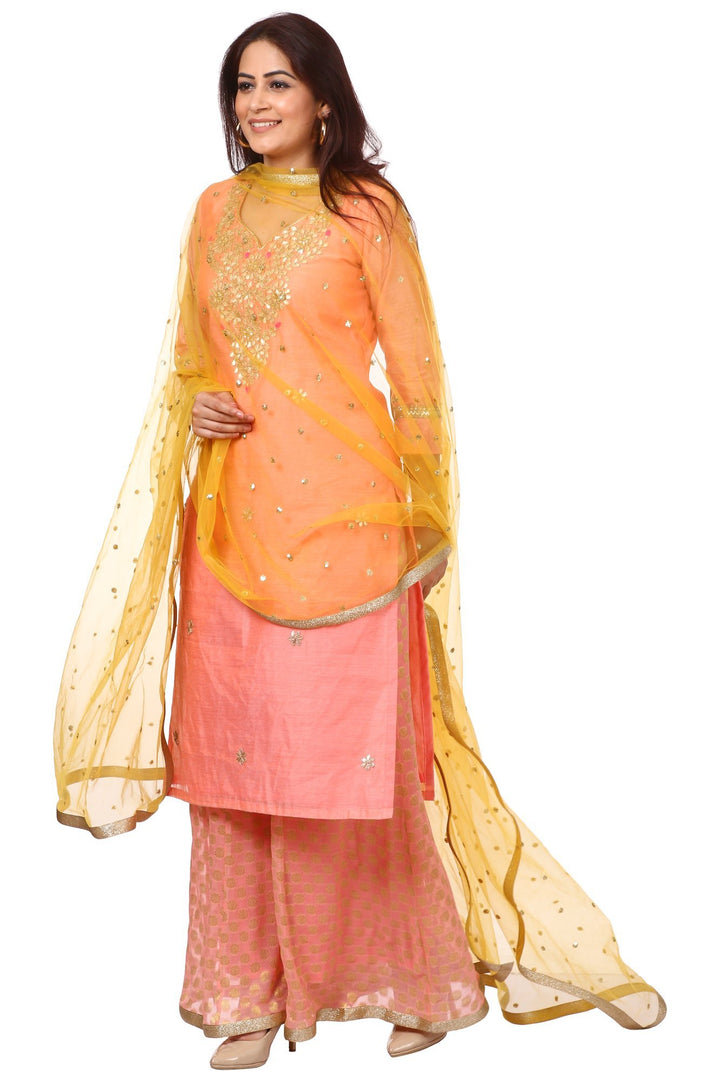 anokherang Combos Peach Gotta Kurti with Banarsi Kalidar Palazzo and Yellow Sequenced Dupatta