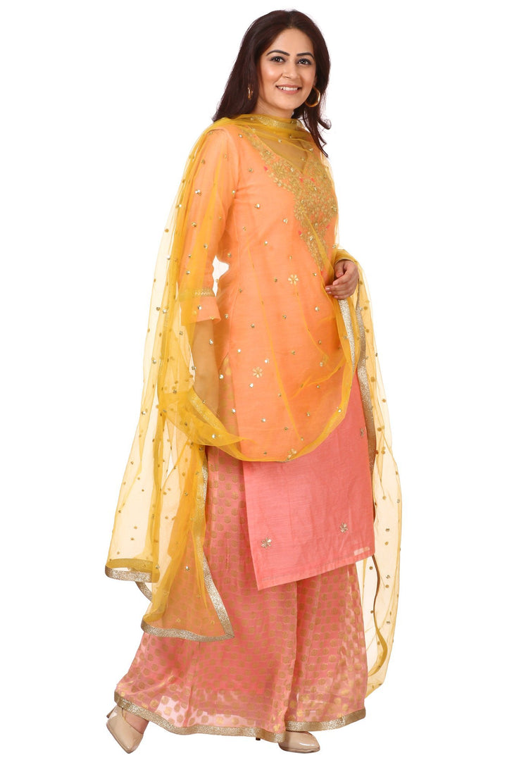 anokherang Combos Peach Gotta Kurti with Banarsi Kalidar Palazzo and Yellow Sequenced Dupatta
