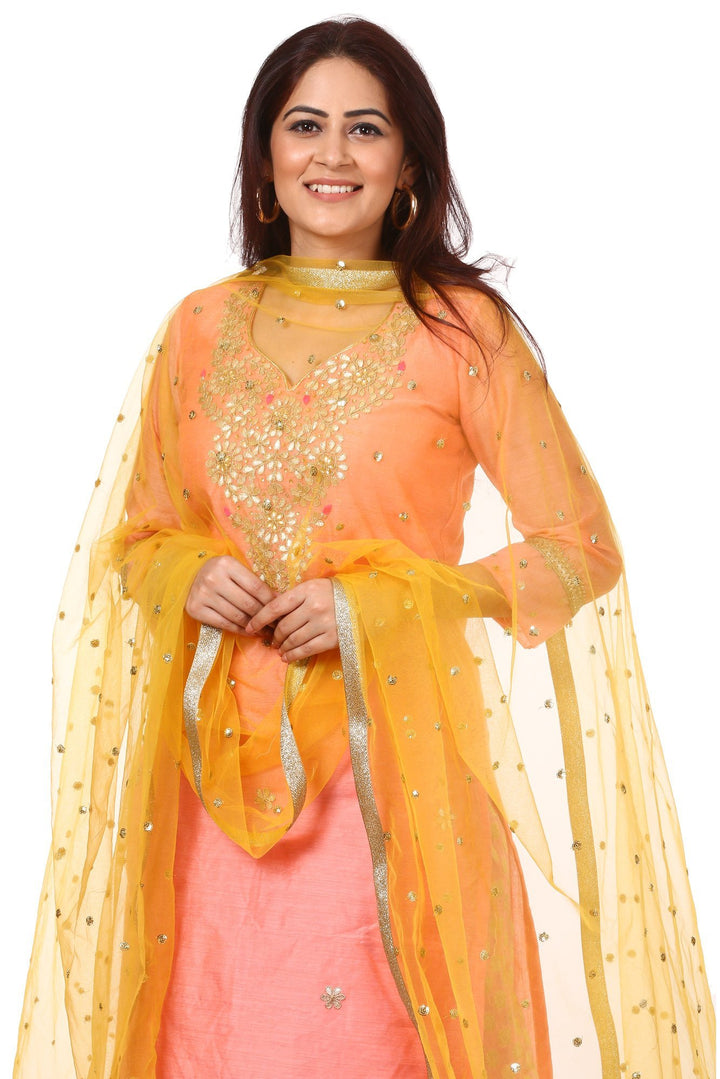anokherang Combos Peach Gotta Kurti with Banarsi Kalidar Palazzo and Yellow Sequenced Dupatta