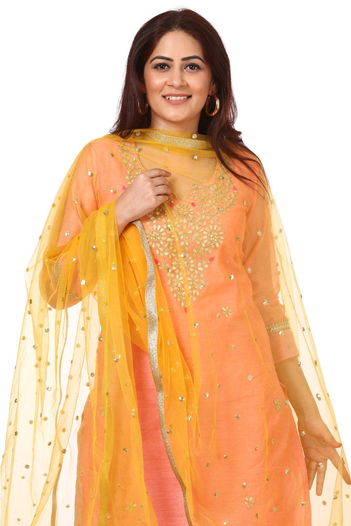 anokherang Combos Peach Gotta Kurti with Banarsi Kalidar Palazzo and Yellow Sequenced Dupatta