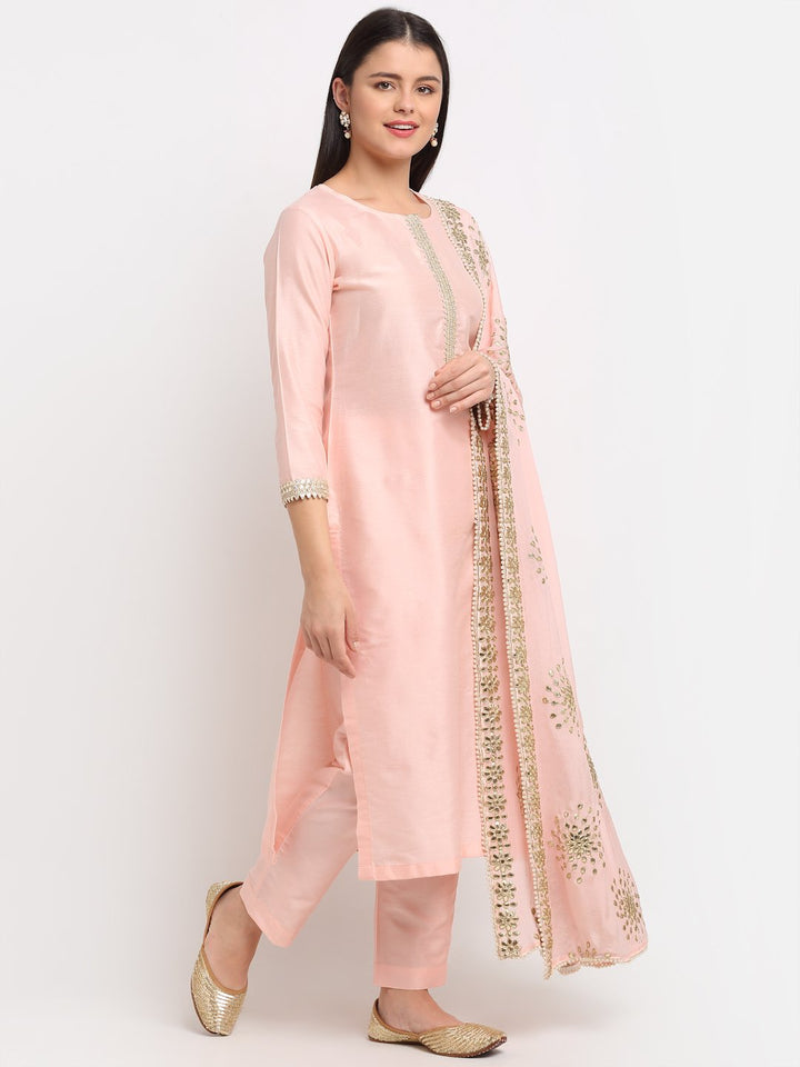 anokherang Combos Peach Gotta Patti Floral Kurti with Pants and Peach Gotta Patti Chiffon Dupatta
