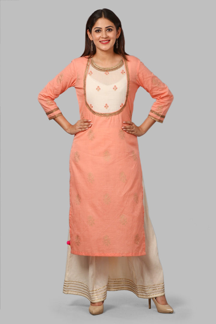 anokherang Combos Peach Khadhi Work Kurti with Embroidered Yoke and Flared Palazzos