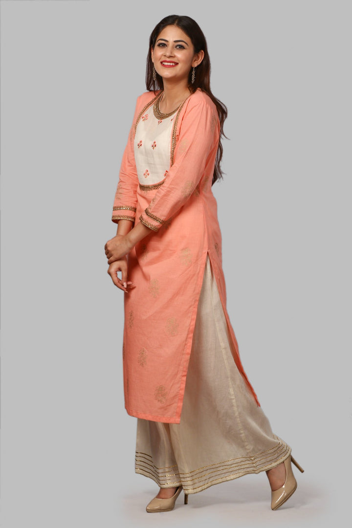 anokherang Combos Peach Khadhi Work Kurti with Embroidered Yoke and Flared Palazzos