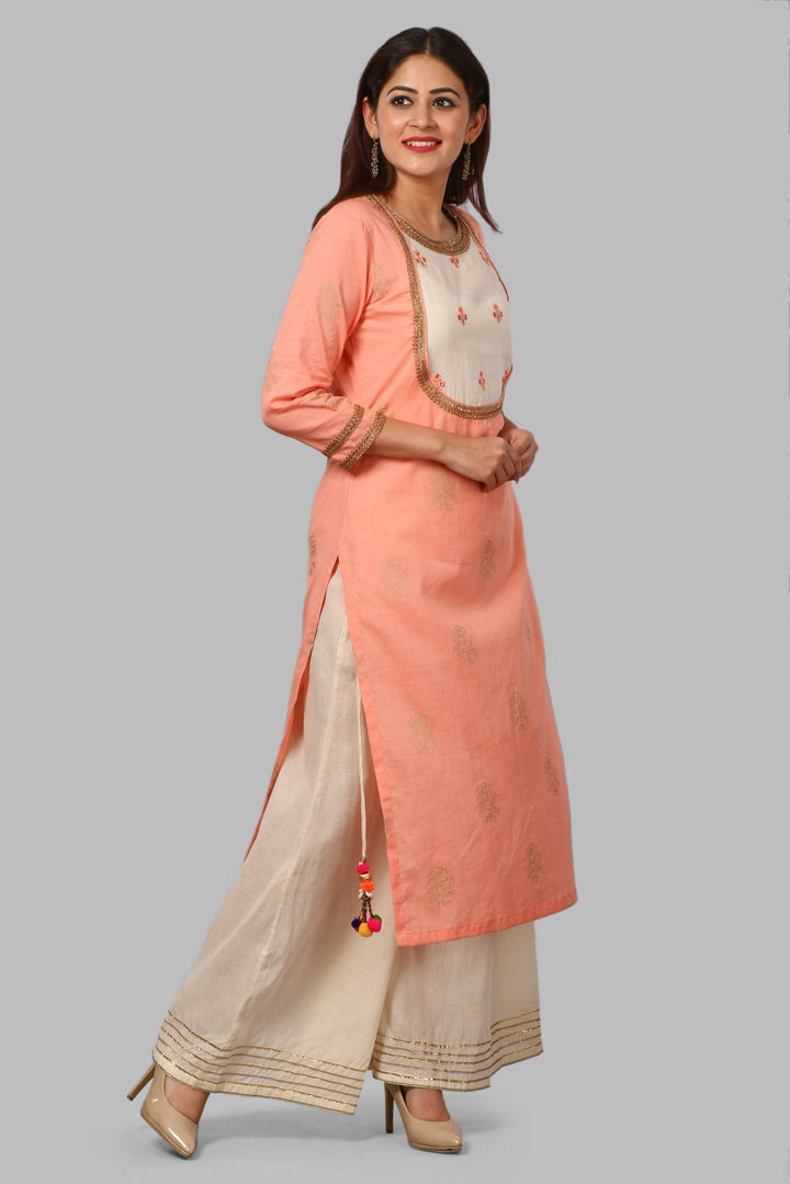 anokherang Combos Peach Khadhi Work Kurti with Embroidered Yoke and Flared Palazzos