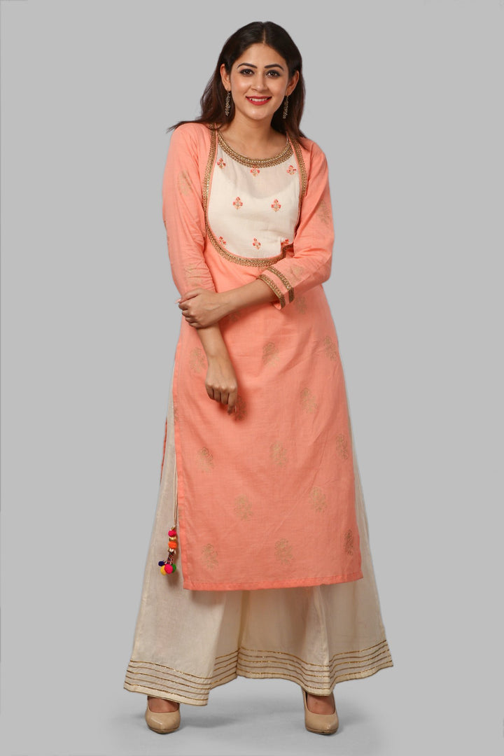 anokherang Combos Peach Khadhi Work Kurti with Embroidered Yoke and Flared Palazzos
