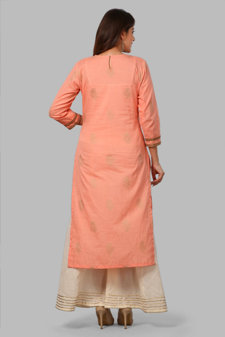 anokherang Combos Peach Khadhi Work Kurti with Embroidered Yoke and Flared Palazzos