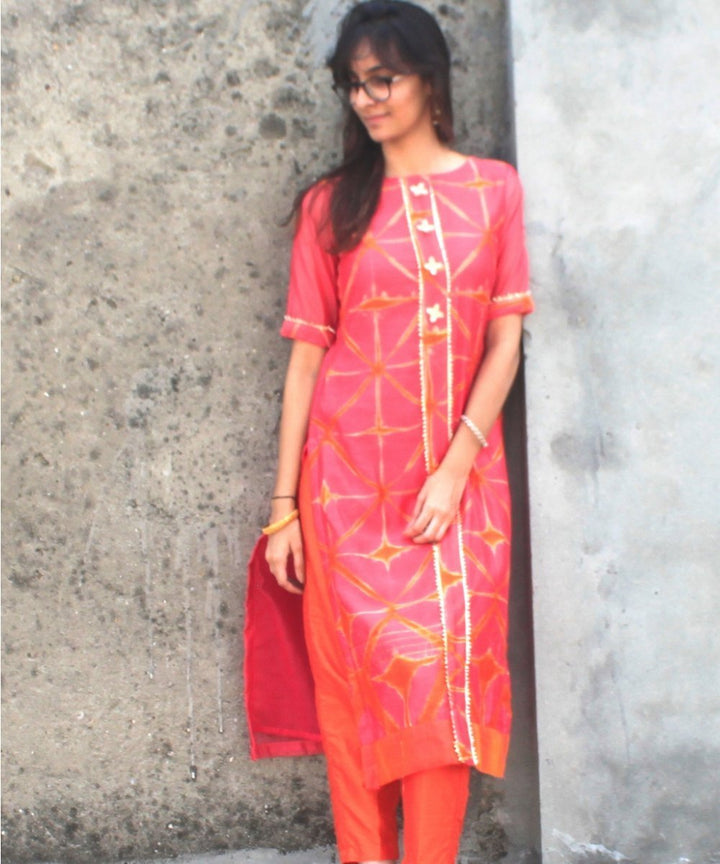 anokherang Combos Peach KumKum Shibori Straight Kurti with Pants