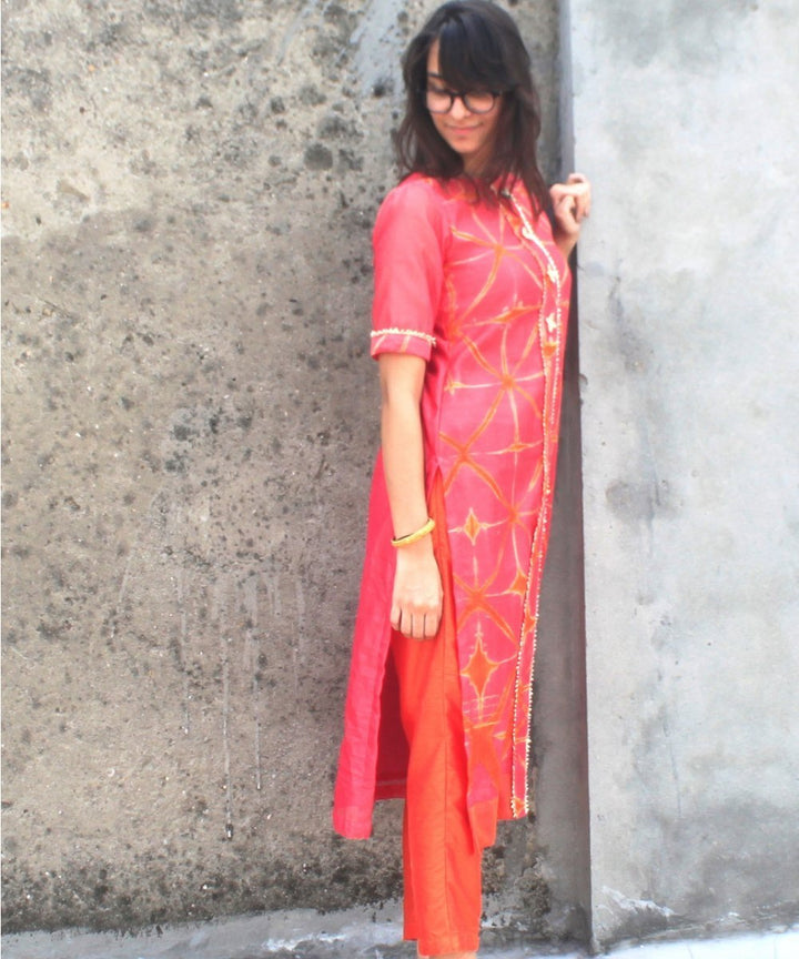 anokherang Combos Peach KumKum Shibori Straight Kurti with Pants