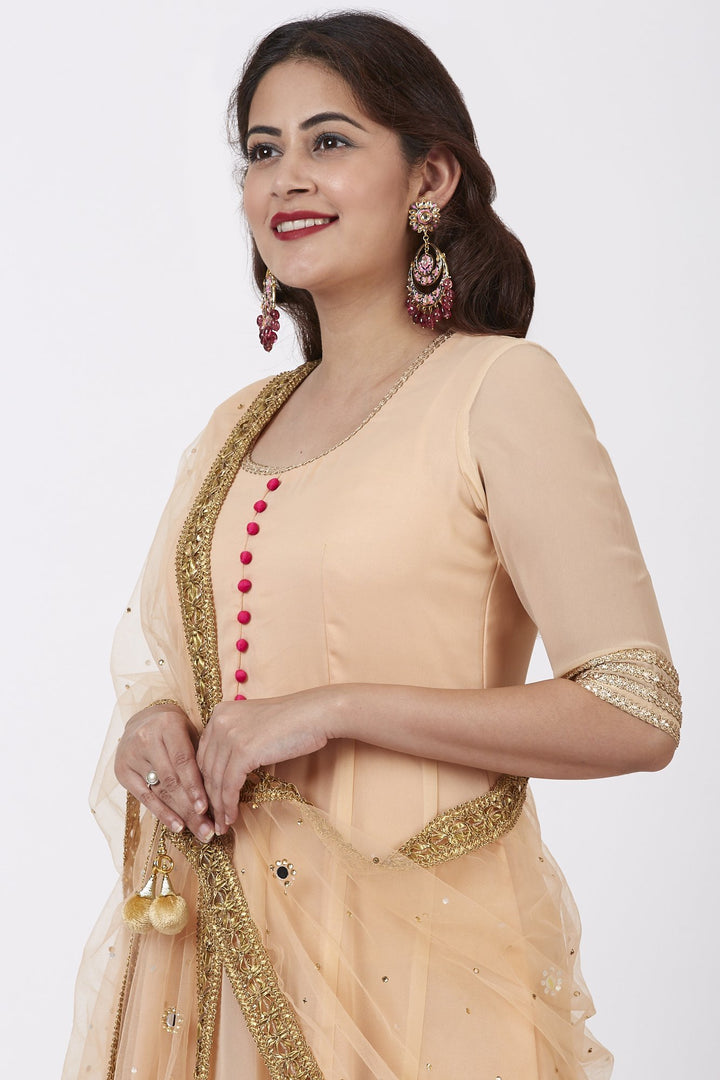 anokherang Combos Peach Love Floor Length Anarkali Dress with Peach Mirror Work Dupatta