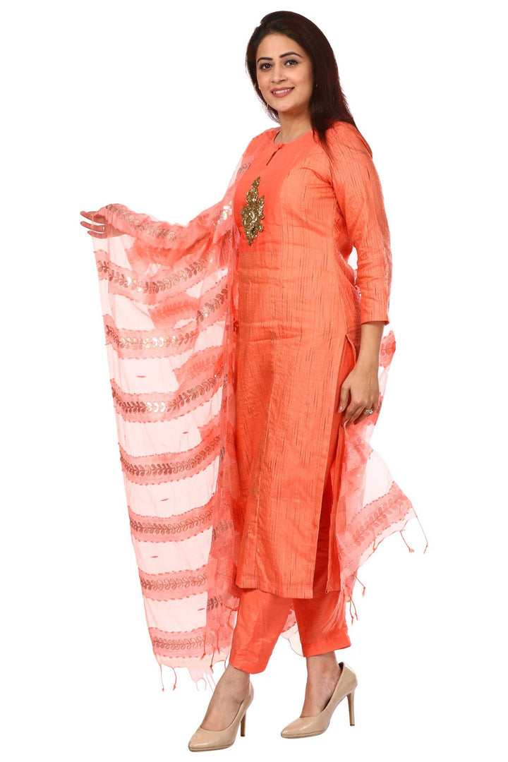 anokherang Combos Peach Orange Panel Embroidered Kurti and Straight Pants with Coral Pink Gota Patti Dupatta dupatta
