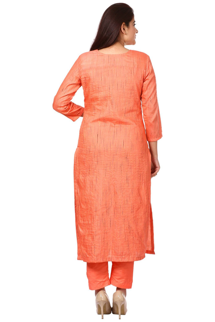 anokherang Combos Peach Orange Panel Embroidered Kurti and Straight Pants with Gold Net Mirror paisley dupatta