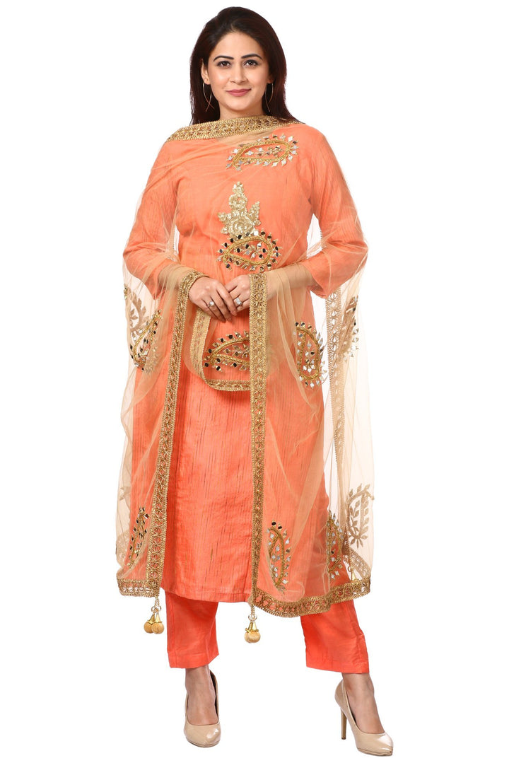 anokherang Combos Peach Orange Panel Embroidered Kurti and Straight Pants with Gold Net Mirror paisley dupatta
