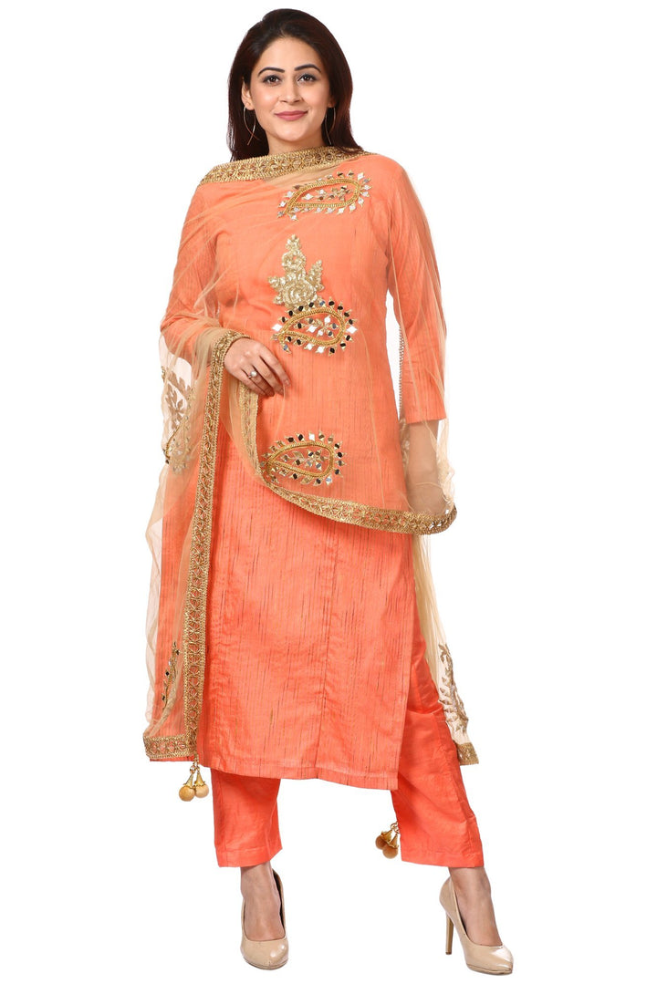 anokherang Combos Peach Orange Panel Embroidered Kurti and Straight Pants with Gold Net Mirror paisley dupatta