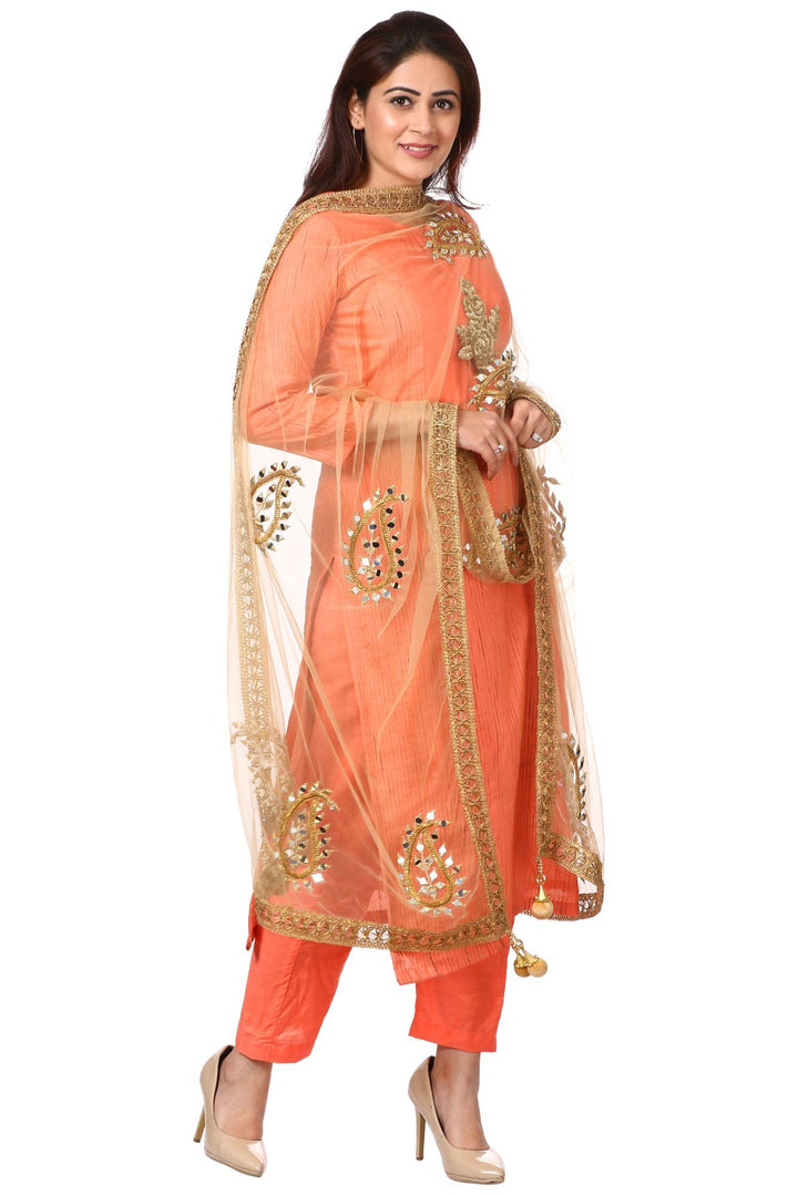 anokherang Combos Peach Orange Panel Embroidered Kurti and Straight Pants with Gold Net Mirror paisley dupatta