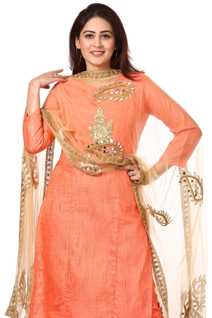 anokherang Combos Peach Orange Panel Embroidered Kurti and Straight Pants with Gold Net Mirror paisley dupatta