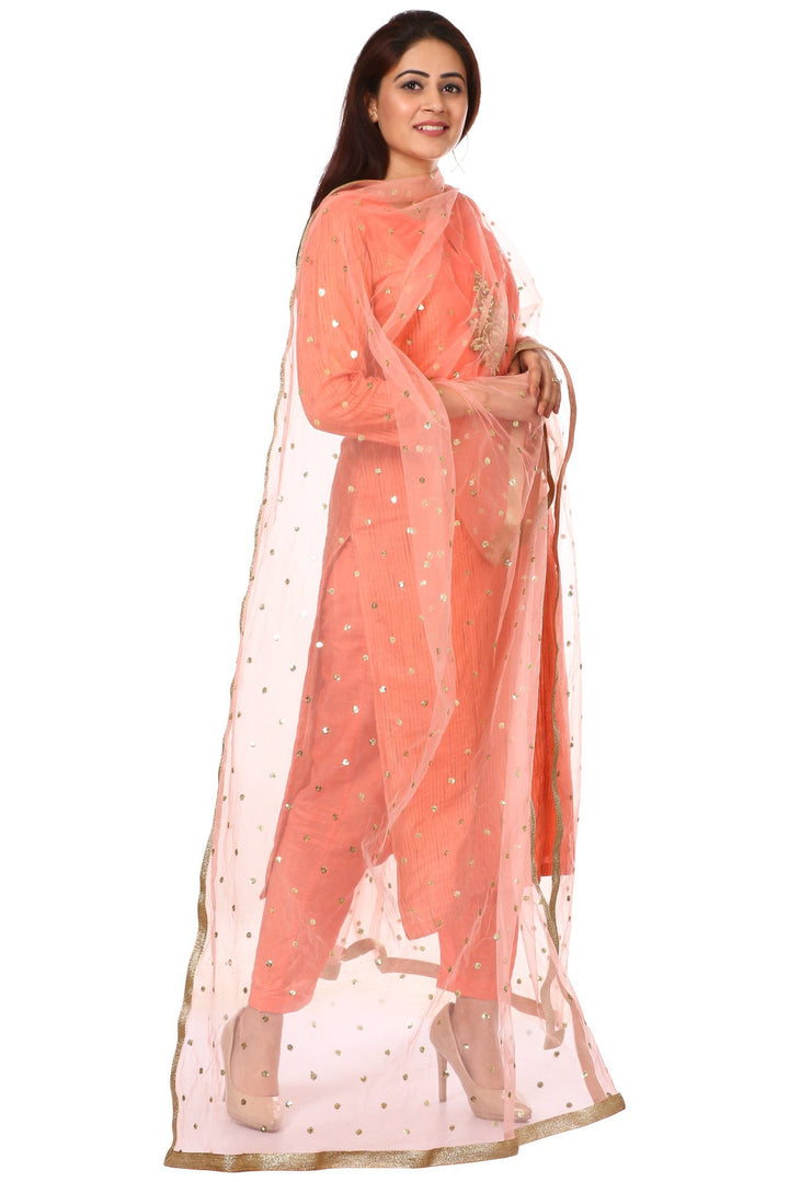 anokherang Combos Peach Orange Panel Embroidered Kurti and Straight Pants with Peach Net Sequenced Dupatta