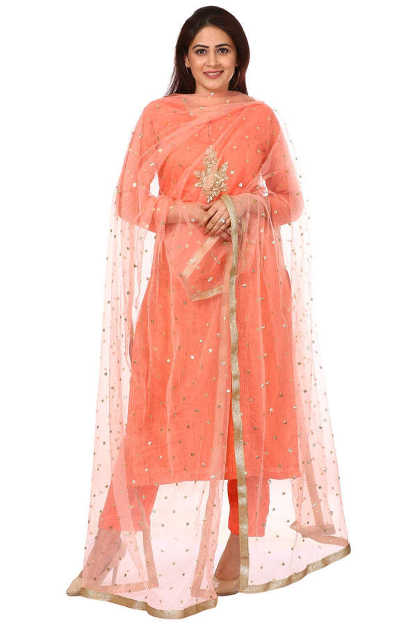 Peachy Panel Embroidered Kurti with Straight Pants and Net Sequenced Dupatta