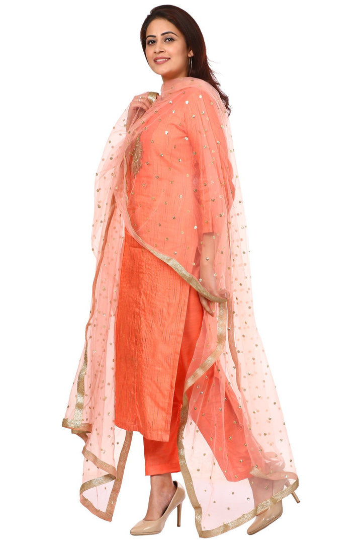 anokherang Combos Peach Orange Panel Embroidered Kurti and Straight Pants with Peach Net Sequenced Dupatta