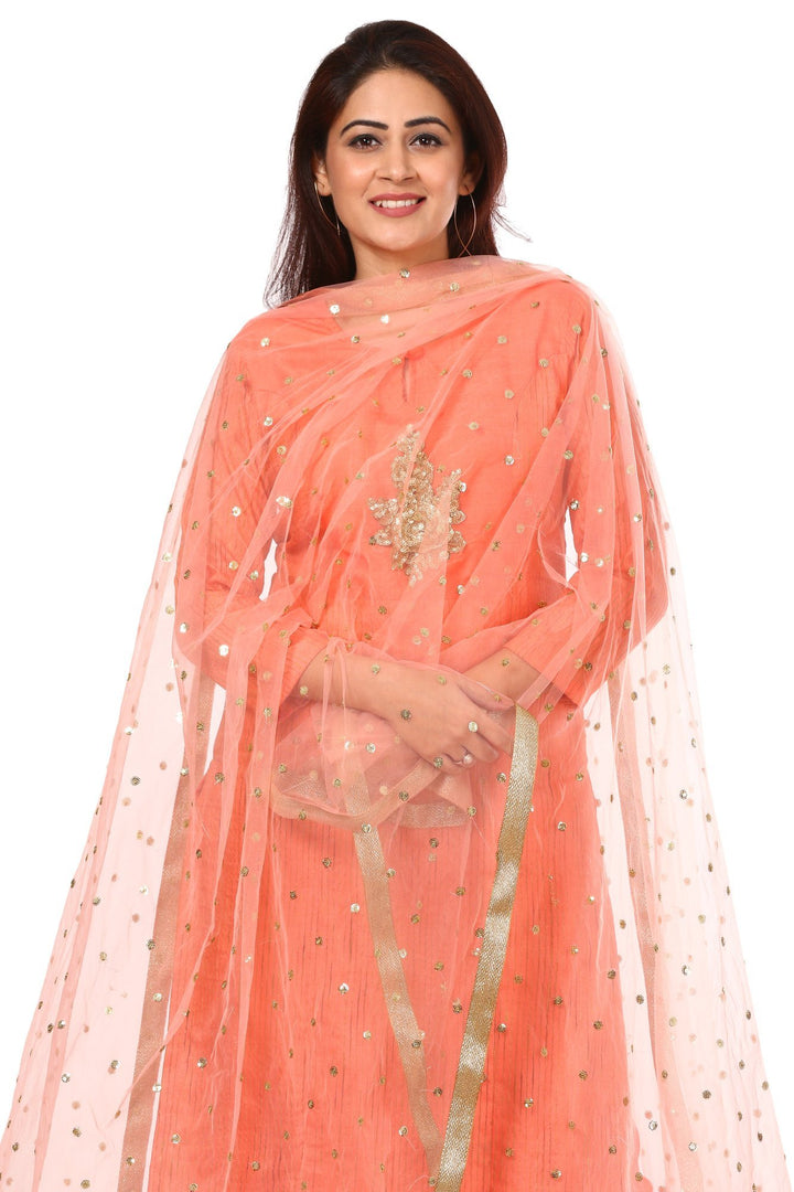 anokherang Combos Peach Orange Panel Embroidered Kurti and Straight Pants with Peach Net Sequenced Dupatta