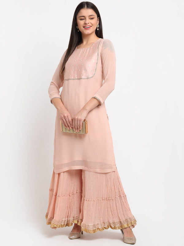 anokherang Combos Peach Passion Short Kurti with Crinkled Sharara
