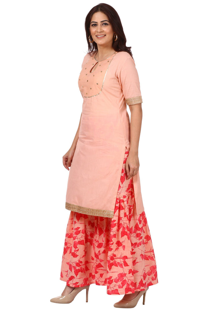 anokherang Combos Peach Peephole Short Kurti with Printed Gharara