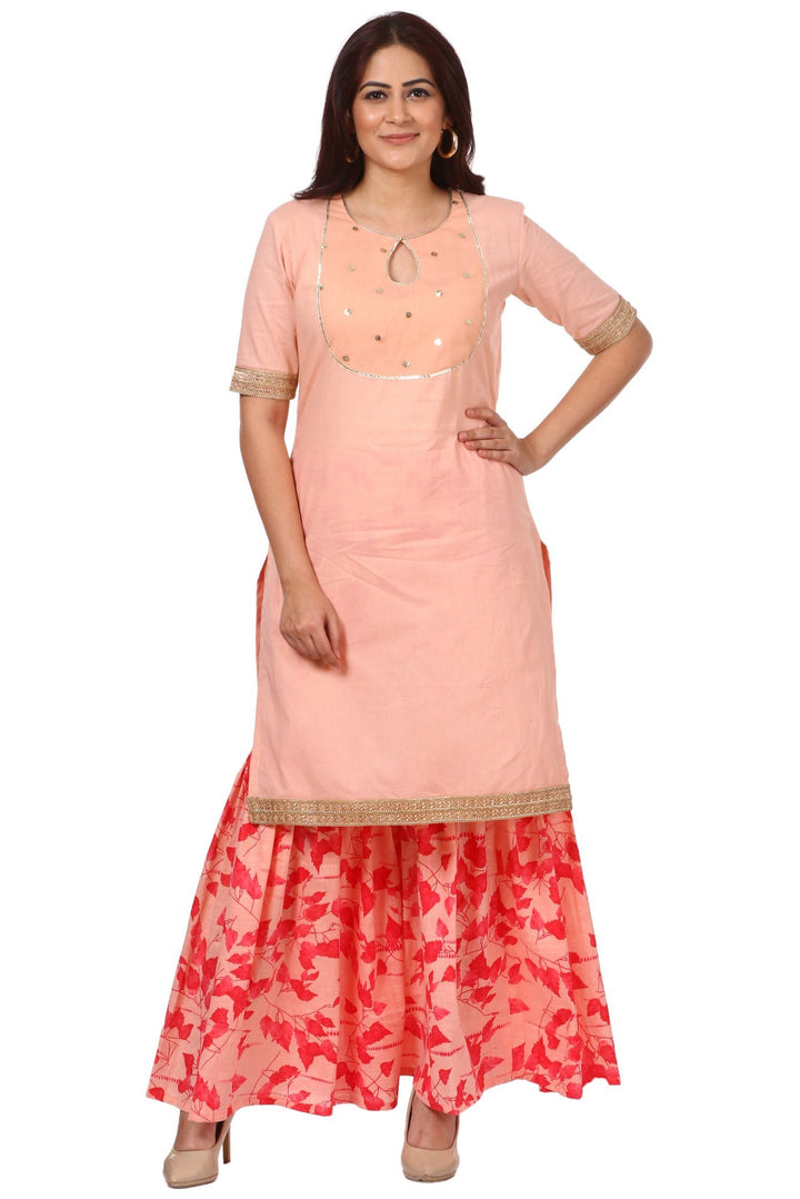 anokherang Combos Peach Peephole Short Kurti with Printed Gharara