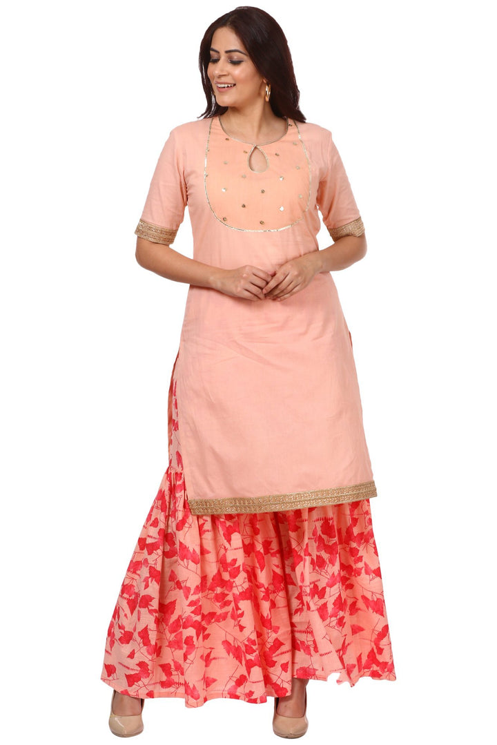 anokherang Combos Peach Peephole Short Kurti with Printed Gharara
