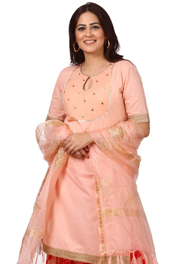 anokherang Combos Peach Peephole Short Kurti with Printed Gharara and Peach Festive Dupatta