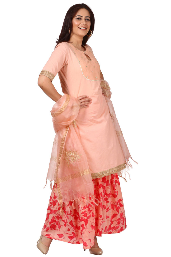 anokherang Combos Peach Peephole Short Kurti with Printed Gharara and Peach Festive Dupatta