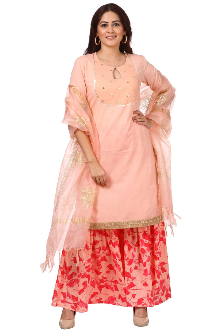 anokherang Combos Peach Peephole Short Kurti with Printed Gharara and Peach Festive Dupatta