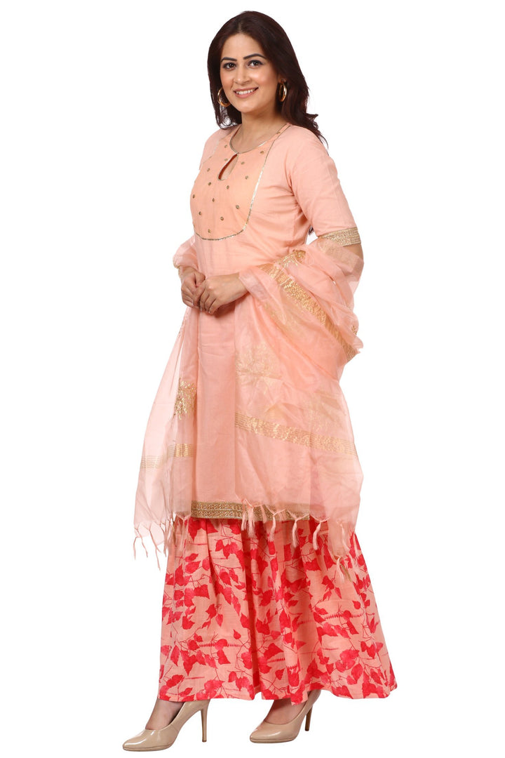 anokherang Combos Peach Peephole Short Kurti with Printed Gharara and Peach Festive Dupatta