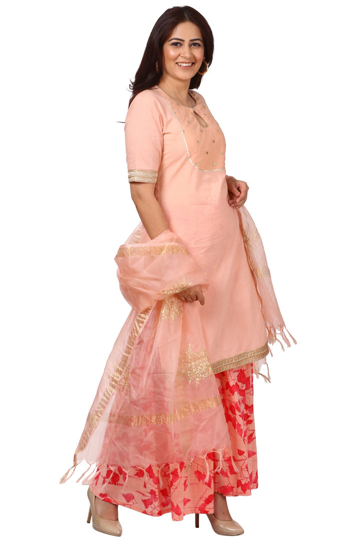 anokherang Combos Peach Peephole Short Kurti with Printed Gharara and Peach Festive Dupatta