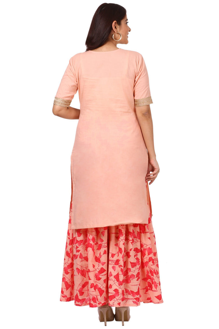 anokherang Combos Peach Peephole Short Kurti with Printed Gharara and Red Net Dupatta