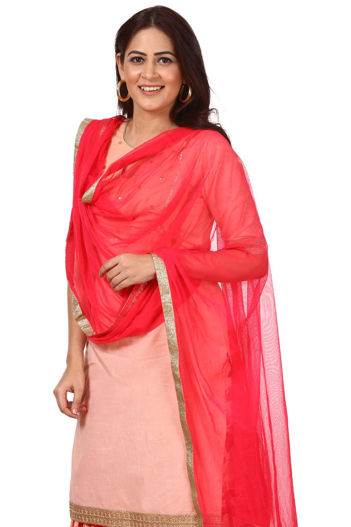 anokherang Combos Peach Peephole Short Kurti with Printed Gharara and Red Net Dupatta