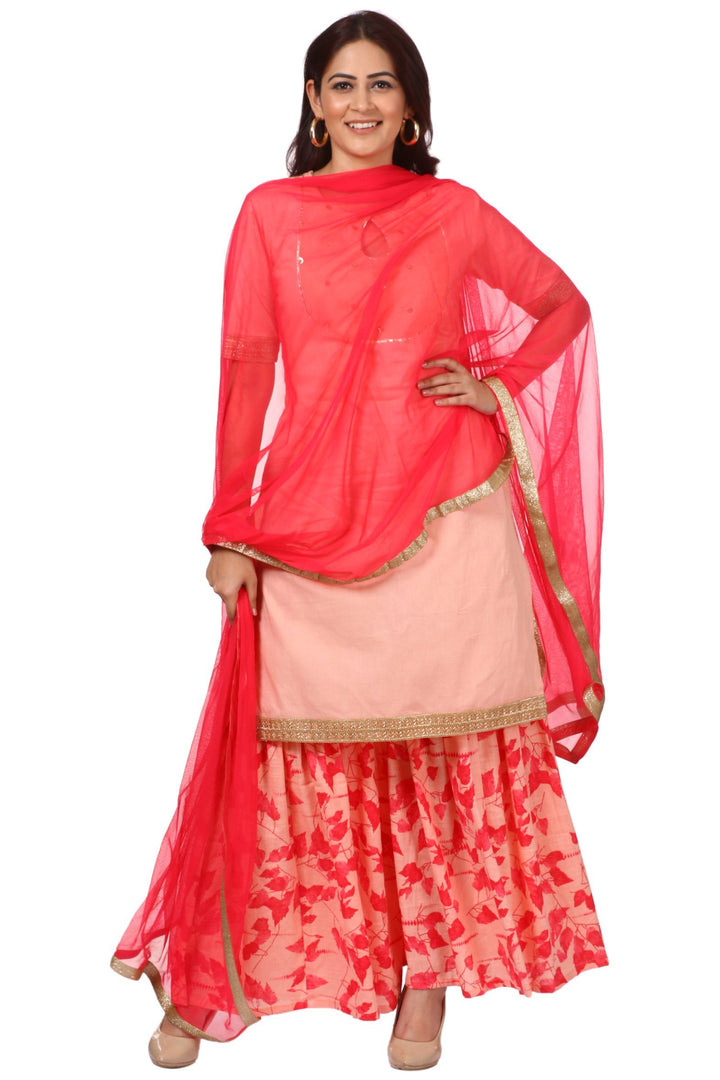 anokherang Combos Peach Peephole Short Kurti with Printed Gharara and Red Net Dupatta