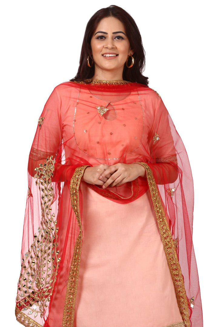 anokherang Combos Peach Peephole Short Kurti with Printed Gharara and Red Net Mirror Paisley Dupatta