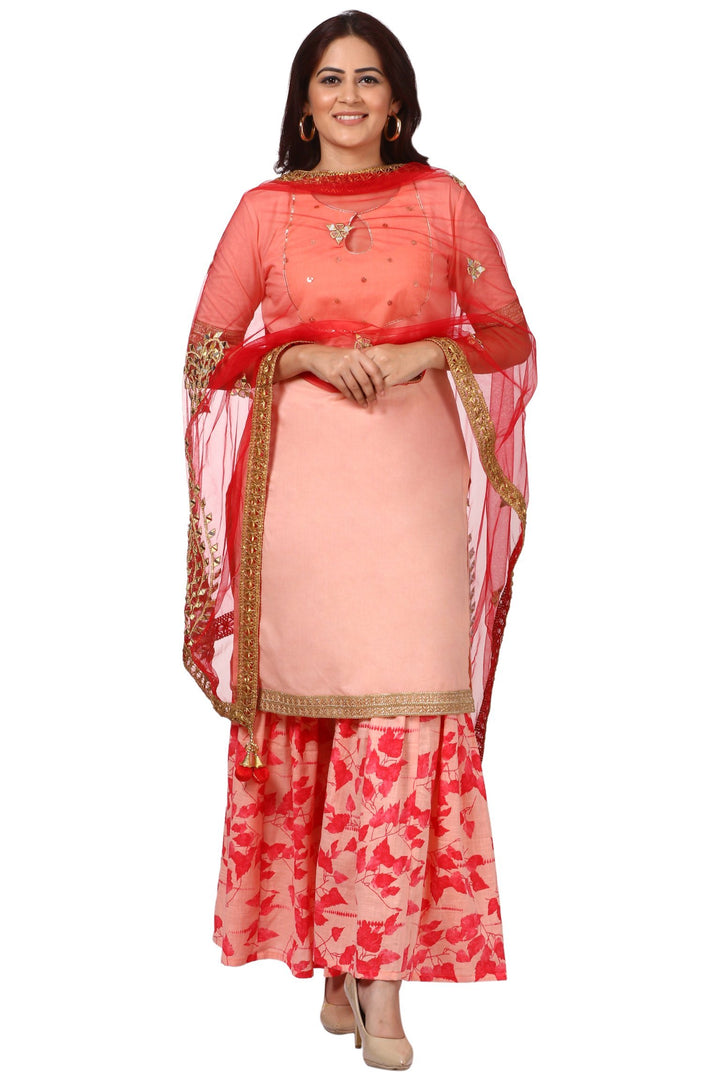 anokherang Combos Peach Peephole Short Kurti with Printed Gharara and Red Net Mirror Paisley Dupatta