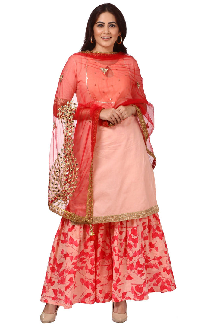 anokherang Combos Peach Peephole Short Kurti with Printed Gharara and Red Net Mirror Paisley Dupatta