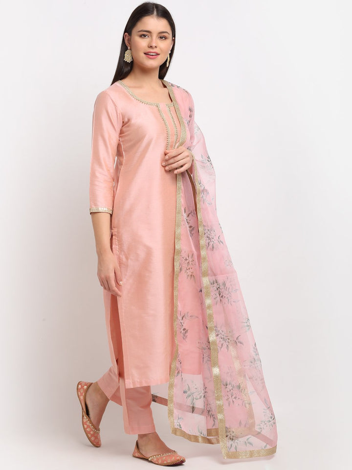 anokherang Combos Peach Petal Straight Kurti with Pants and Printed Dupatta