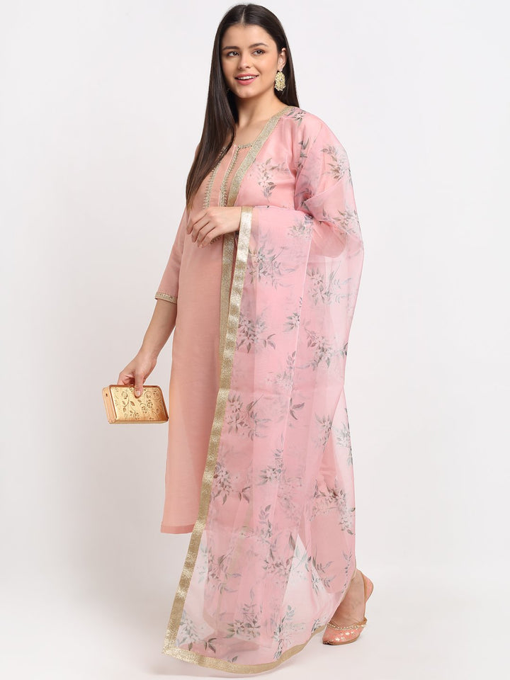 anokherang Combos Peach Petal Straight Kurti with Pants and Printed Dupatta