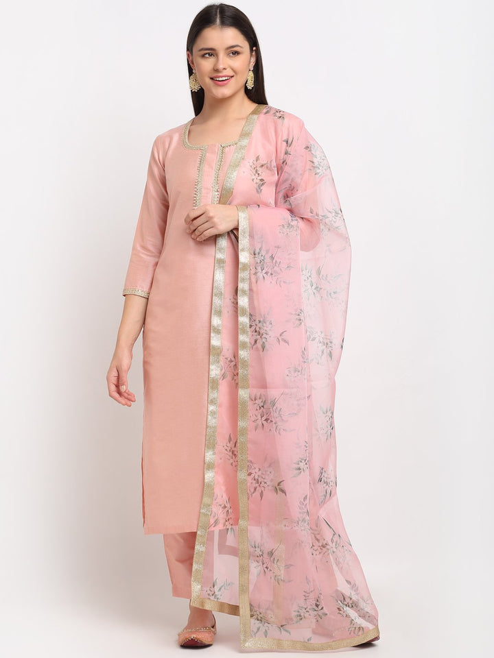 anokherang Combos Peach Petal Straight Kurti with Pants and Printed Dupatta